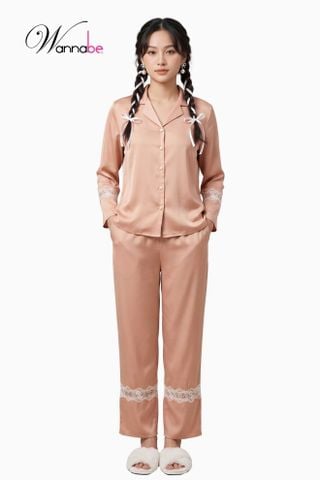 Đồ bộ mặc nhà Pijama nữ WANNABE BDS12 đồ bộ quần dài tay dài phối ren nhỏ ở lai sang trọng