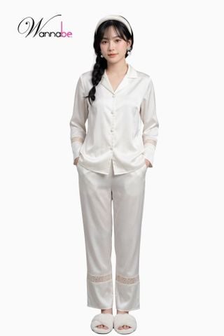 Đồ bộ mặc nhà Pijama nữ WANNABE BDS12 đồ bộ quần dài tay dài phối ren nhỏ ở lai sang trọng