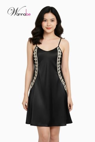 Váy ngủ lụa 2 dây cổ tròn WANNABE đầm ngủ phối ren nhẹ nhàng thanh lịch hack dáng đỉnh cao DNL14