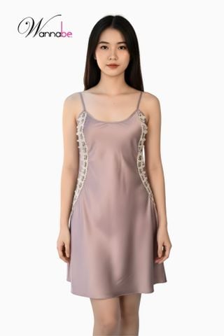 Váy ngủ lụa 2 dây cổ tròn WANNABE đầm ngủ phối ren nhẹ nhàng thanh lịch hack dáng đỉnh cao DNL14
