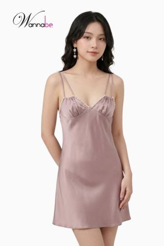 Đầm ngủ lụa WANNABE DNS16 váy ngủ 2 dây đơn giản, nhúng phồng tạo độ to cho cúp ngực giúp bạn trông nữ tính trẻ trung