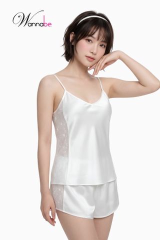 Bộ đồ ngủ đùi nữ lụa latin cao cấp Wannabe thiết kế phối ren thêu tinh tế, sang trọng và dịu dàng