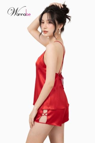Đồ bộ mặc nhà phi lụa cao cấp WANNABE BSS33 đồ bộ quần sọt đan dây mặ với áo 2 dây cổ yếm lưng trần dây kiểu xinh xắn
