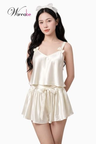 Đồ bộ mặc nhà WANNABE BSS37 đồ bộ quần sọt áo hai dây bản to trang trí nơ xinh xắn mang lại vẻ dễ thương cho bạn gái