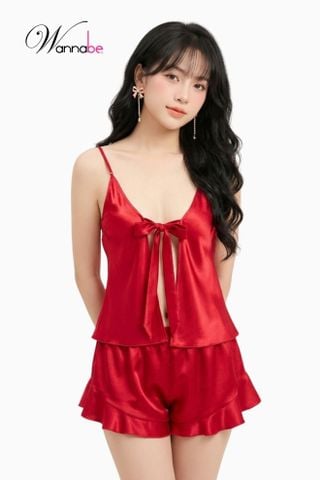 Đồ bộ mặc nhà phi lụa cao cấp WANNABE BSS63 đồ bộ quần short phối áo 2 dây cutout lưng cột nơ sexy giúp bạn gái xinh xắn