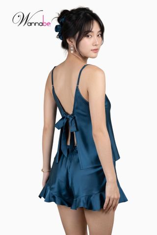 Đồ bộ mặc nhà phi lụa cao cấp WANNABE BSS63 đồ bộ quần short phối áo 2 dây cutout lưng cột nơ sexy giúp bạn gái xinh xắn