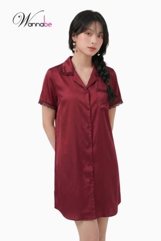 Váy ngủ Pijama dáng suông dấu bụng Wannabe đầm ngủ nữ lụa latin phối ren Nhật mềm mại nữ tính DNL16