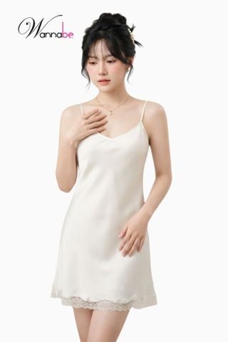 Đầm ngủ phi lụa cao cấp WANNABE DNS14 váy ngủ 2 dây kiểu dáng đơn giản nhẹ nhàng chân váy viền ren lai chăm sóc giấc ngủ