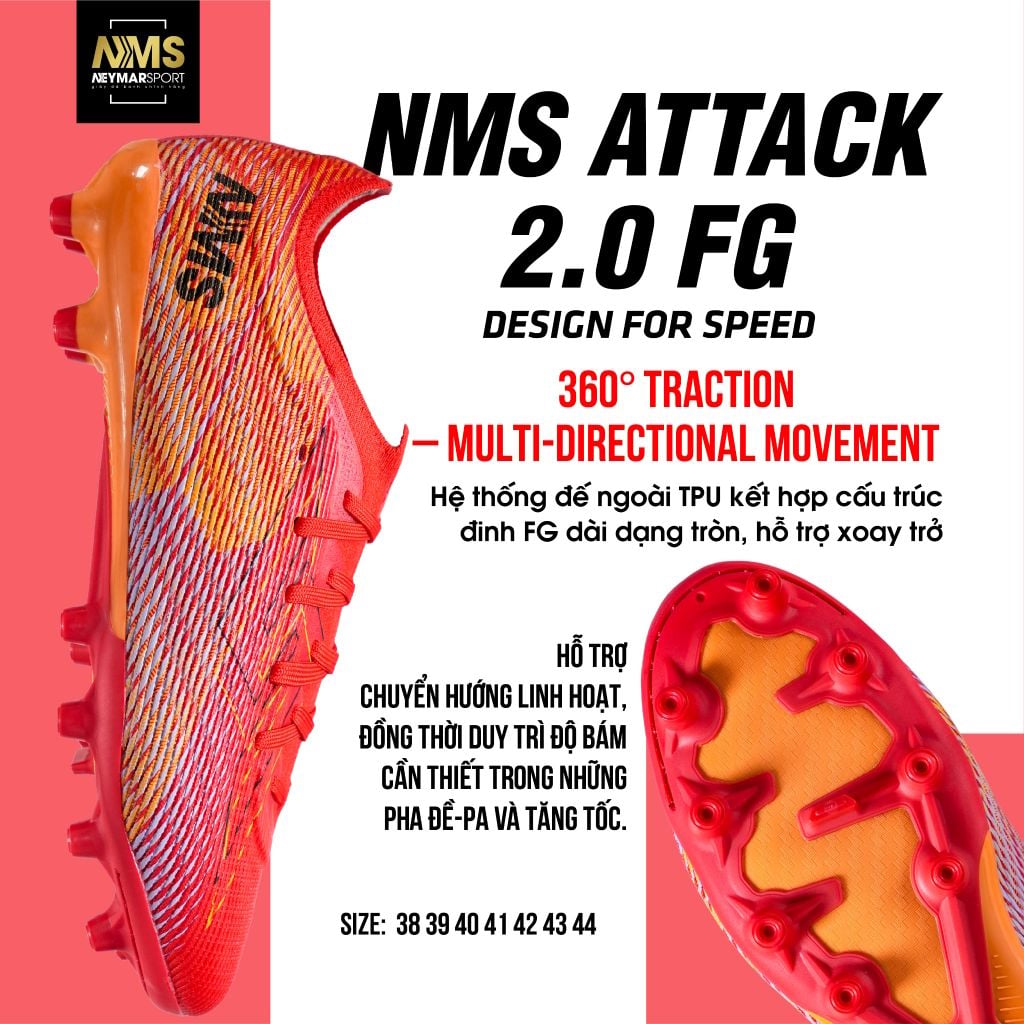 Giày đá bóng cỏ tự nhiên NMS ATTACK 2.0 FG - Crimson/Orange ATTFG2200