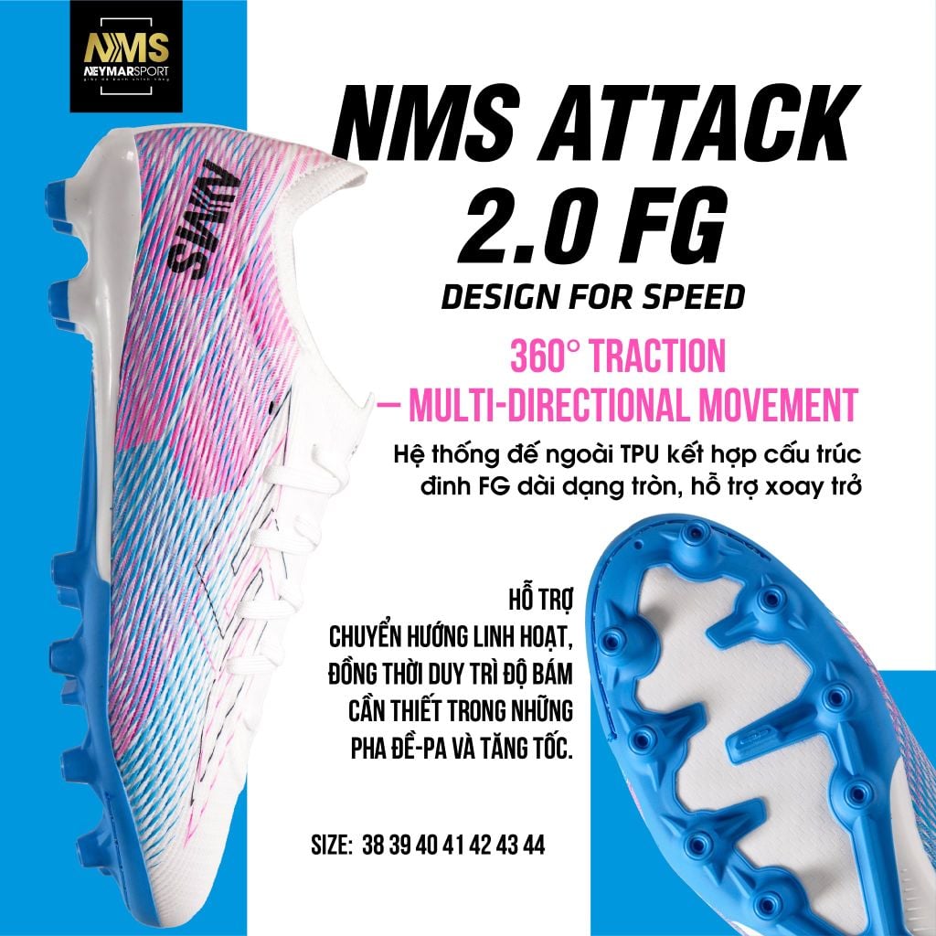 Giày đá bóng cỏ tự nhiên NMS ATTACK 2.0 FG - White/Pink ATTFG2100
