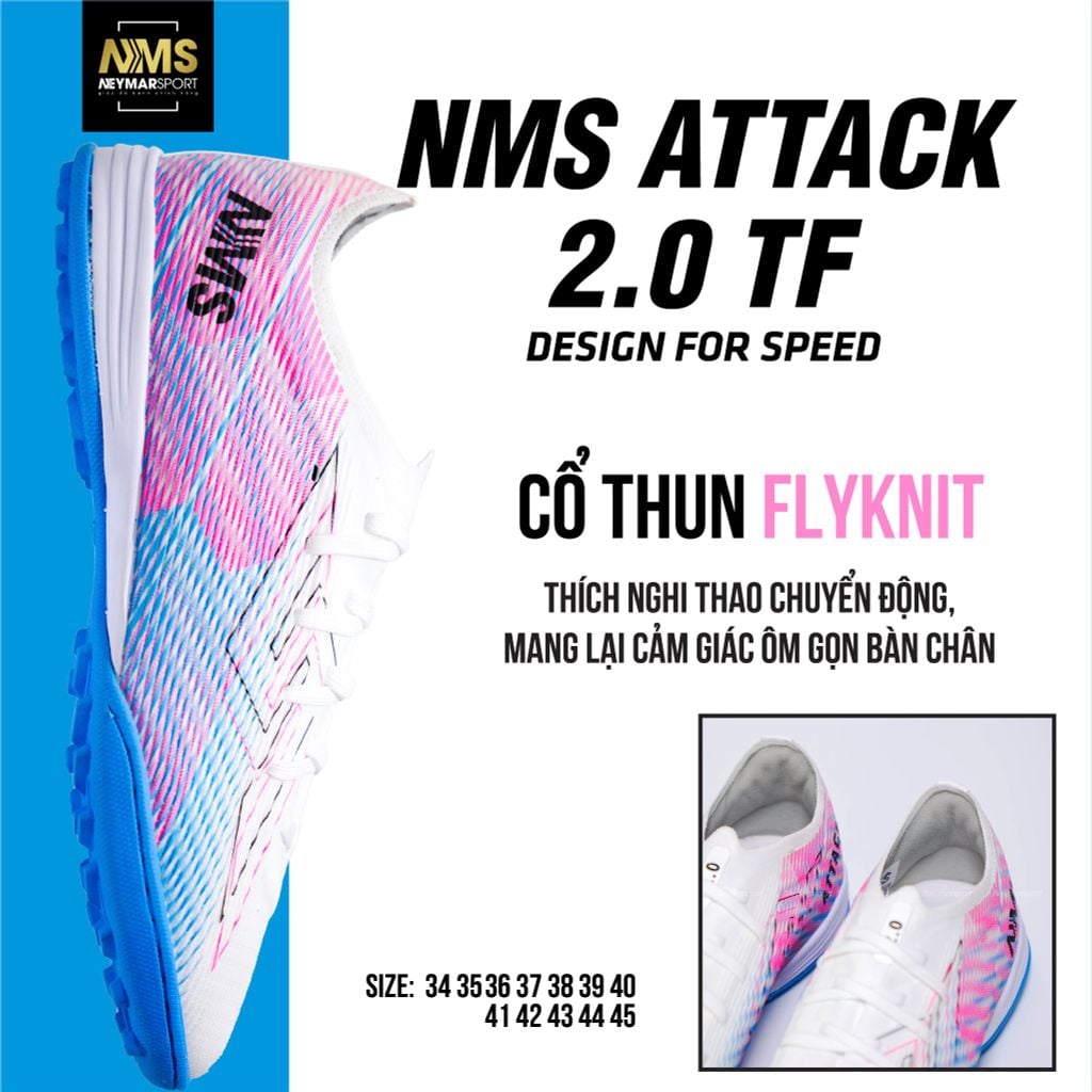 Giày đá bóng cỏ nhân tạo NMS ATTACK 2.0 TF - White/Pink ATT2100