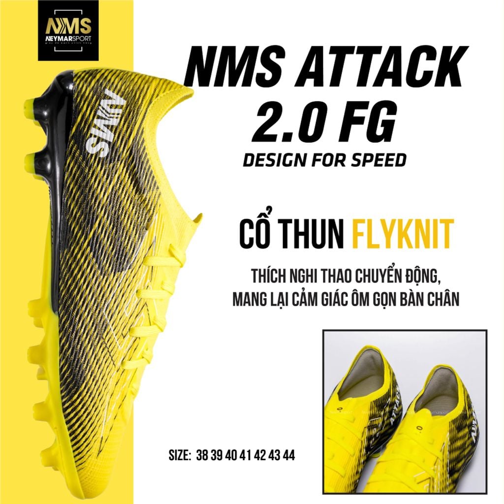 Giày đá bóng cỏ tự nhiên NMS ATTACK 2.0 FG - Yellow/Black ATTFG2300