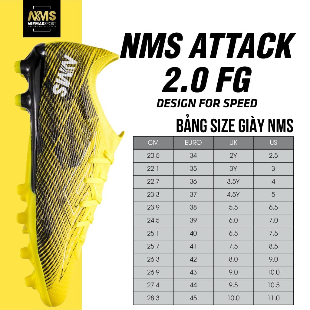 Giày đá bóng cỏ tự nhiên NMS ATTACK 2.0 FG - Yellow/Black ATTFG2300