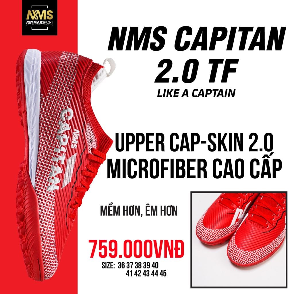 Giày đá bóng cỏ nhân tạo NMS CAPITAN 2.0 TF - Crimson/White/Sliver CAP2200