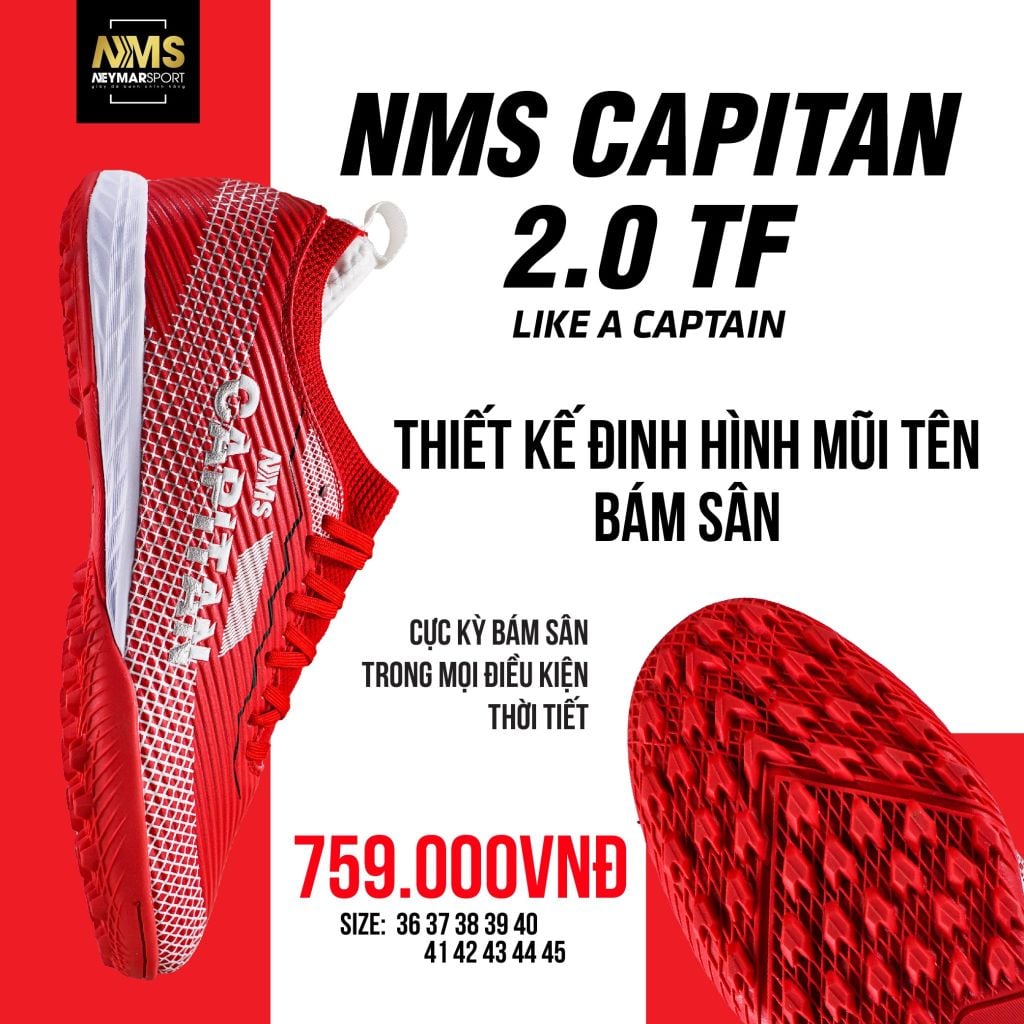 Giày đá bóng cỏ nhân tạo NMS CAPITAN 2.0 TF - Crimson/White/Sliver CAP2200