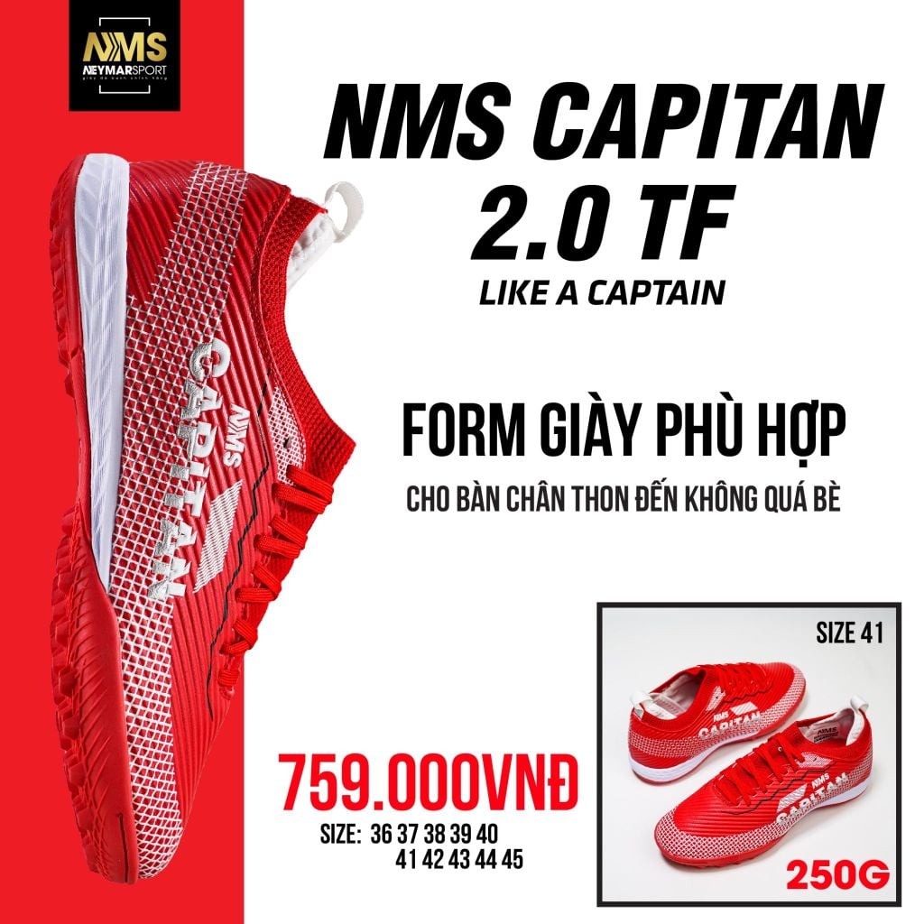 Giày đá bóng cỏ nhân tạo NMS CAPITAN 2.0 TF - Crimson/White/Sliver CAP2200