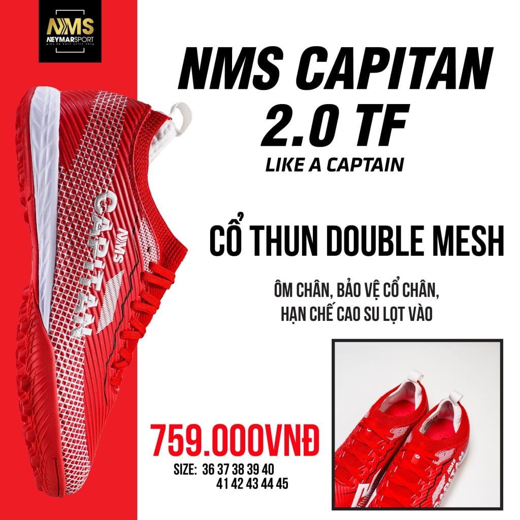Giày đá bóng cỏ nhân tạo NMS CAPITAN 2.0 TF - Crimson/White/Sliver CAP2200