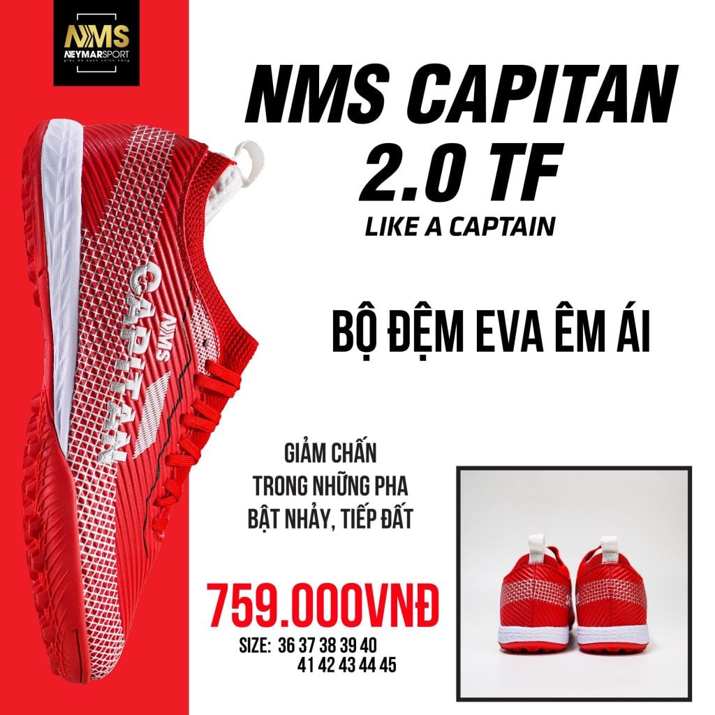 Giày đá bóng cỏ nhân tạo NMS CAPITAN 2.0 TF - Crimson/White/Sliver CAP2200
