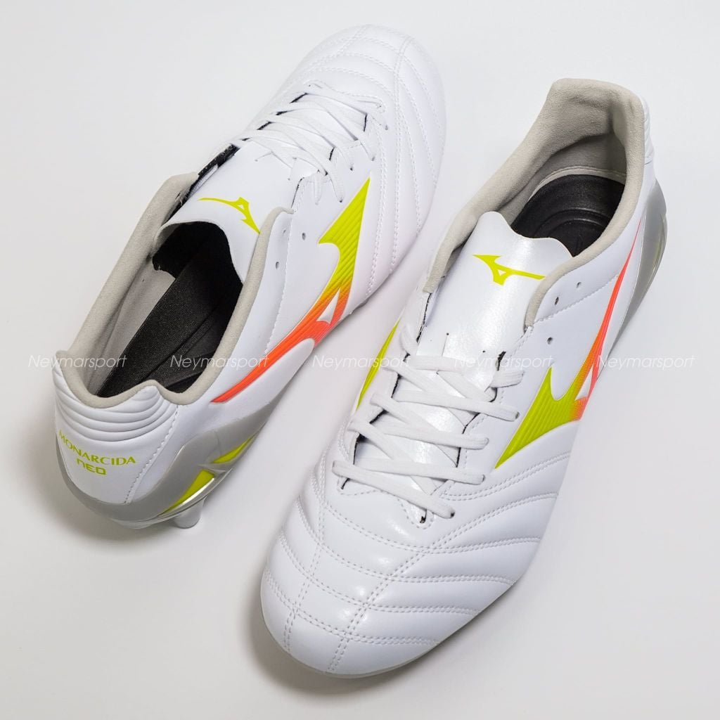 Giày đá bóng cỏ tự nhiên Mizuno Monarcida Neo III PRO FG Prism White - White/Evening Primrose/Lava Orange P1GA262254