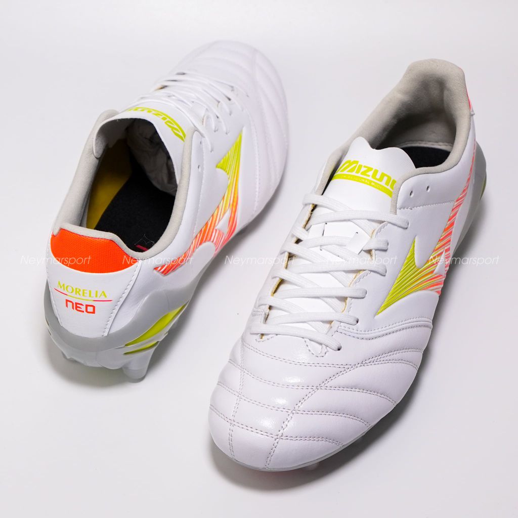 Giày đá bóng cỏ tự nhiên Mizuno Morelia Neo V Pro FG Prism White - White/Evening Primrose/Lava Orange P1GA268454