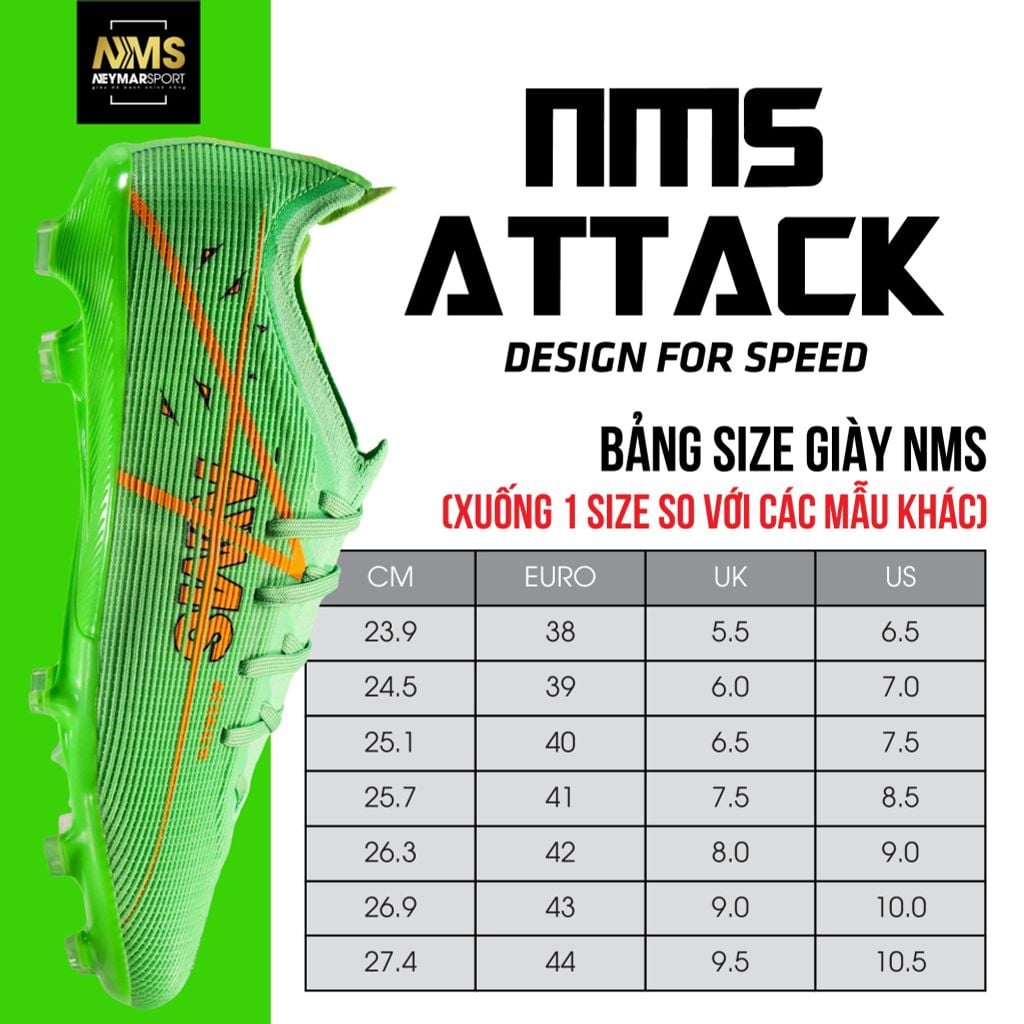 Giày đá bóng cỏ tự nhiên NMS ATTACK FG - Lime/Orange