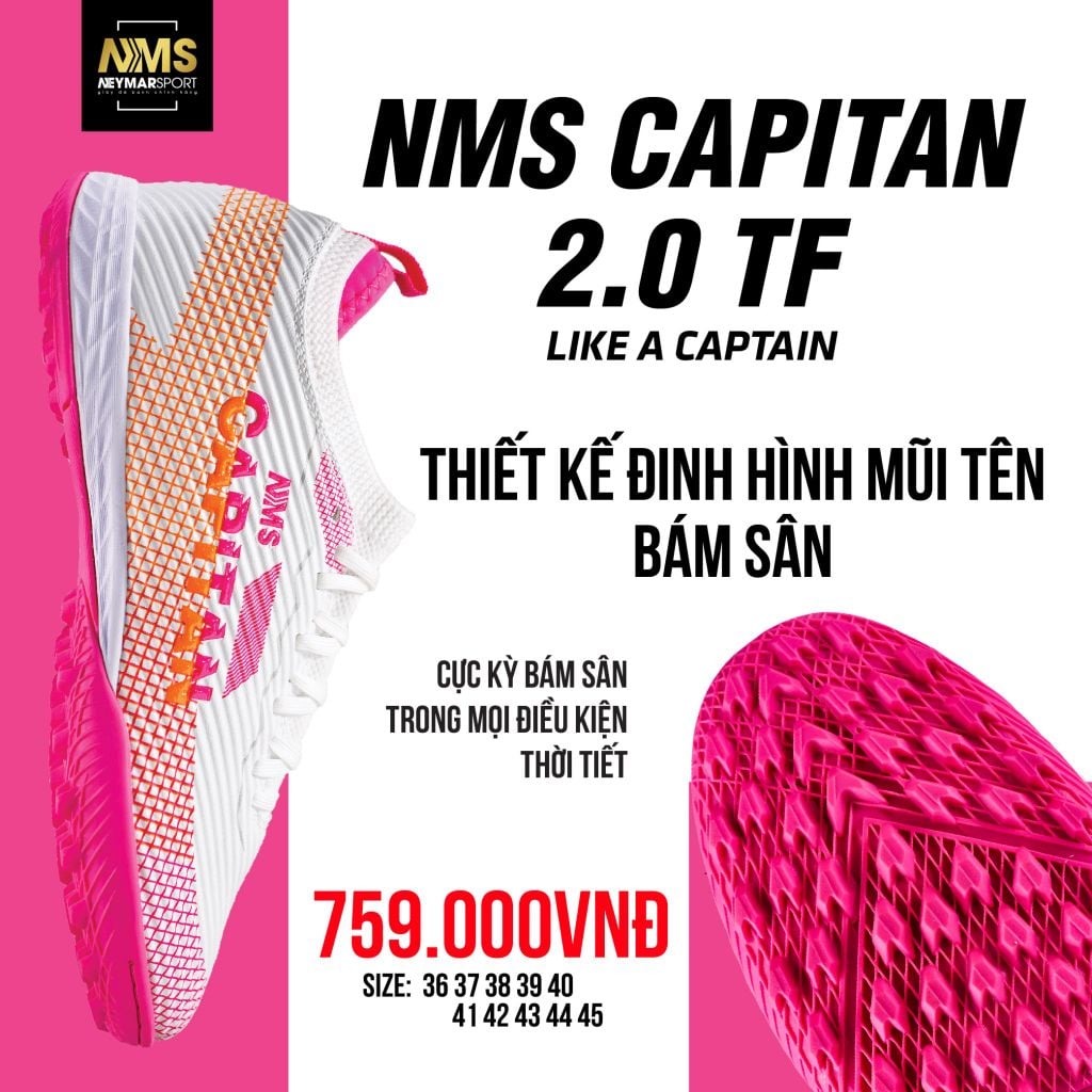 Giày đá bóng cỏ nhân tạo NMS CAPITAN 2.0 TF - White/Orange/Pink CAP2100