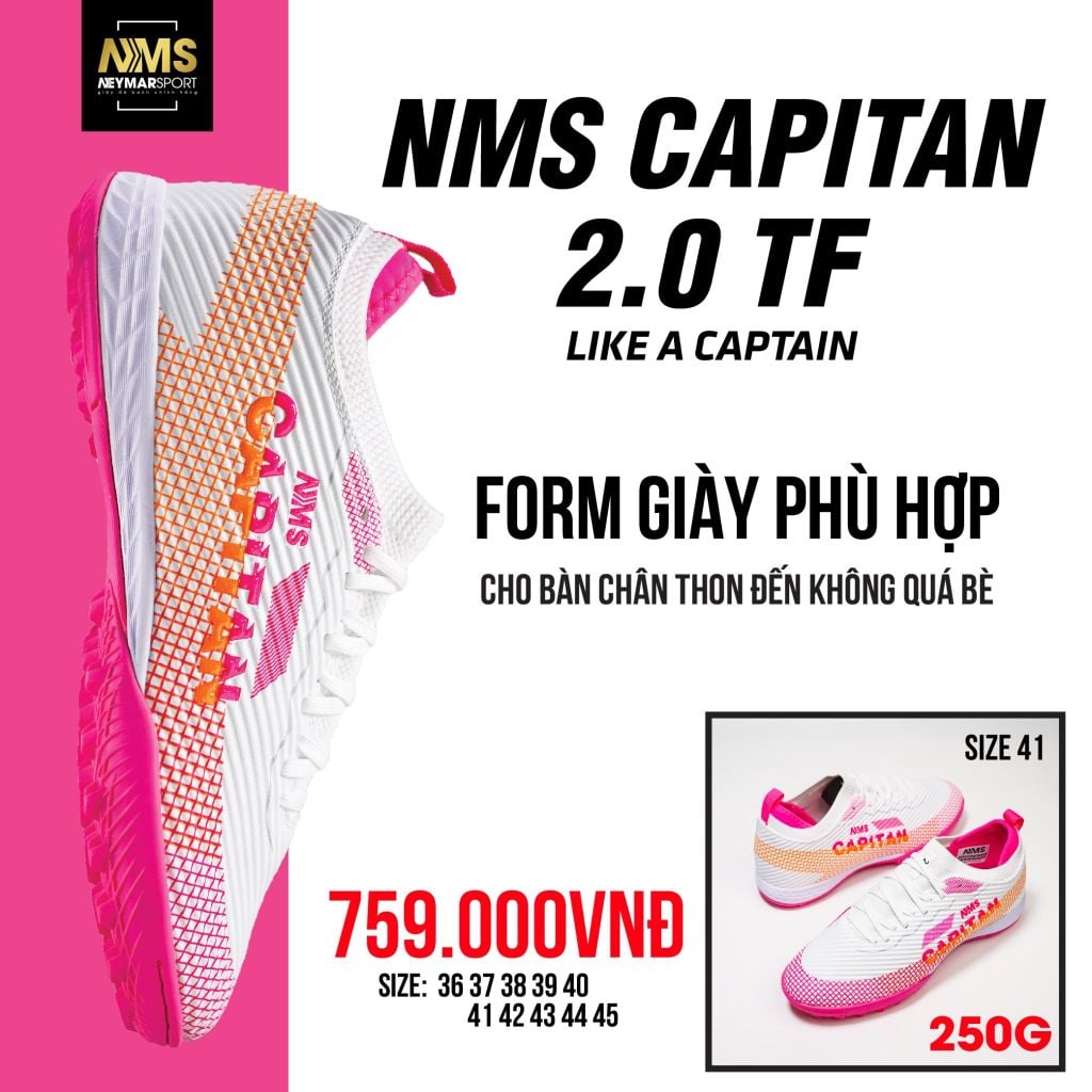 Giày đá bóng cỏ nhân tạo NMS CAPITAN 2.0 TF - White/Orange/Pink CAP2100