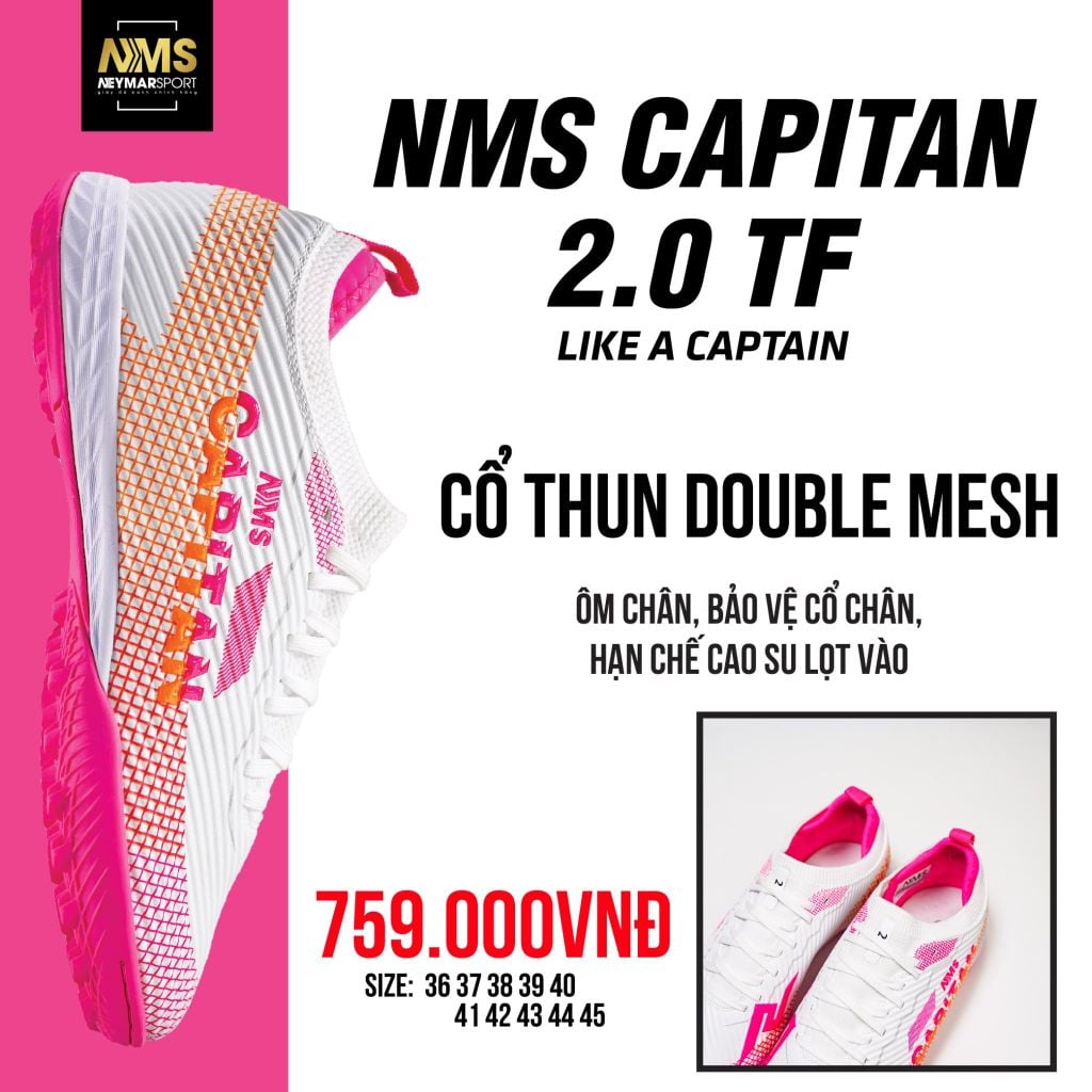 Giày đá bóng cỏ nhân tạo NMS CAPITAN 2.0 TF - White/Orange/Pink CAP2100