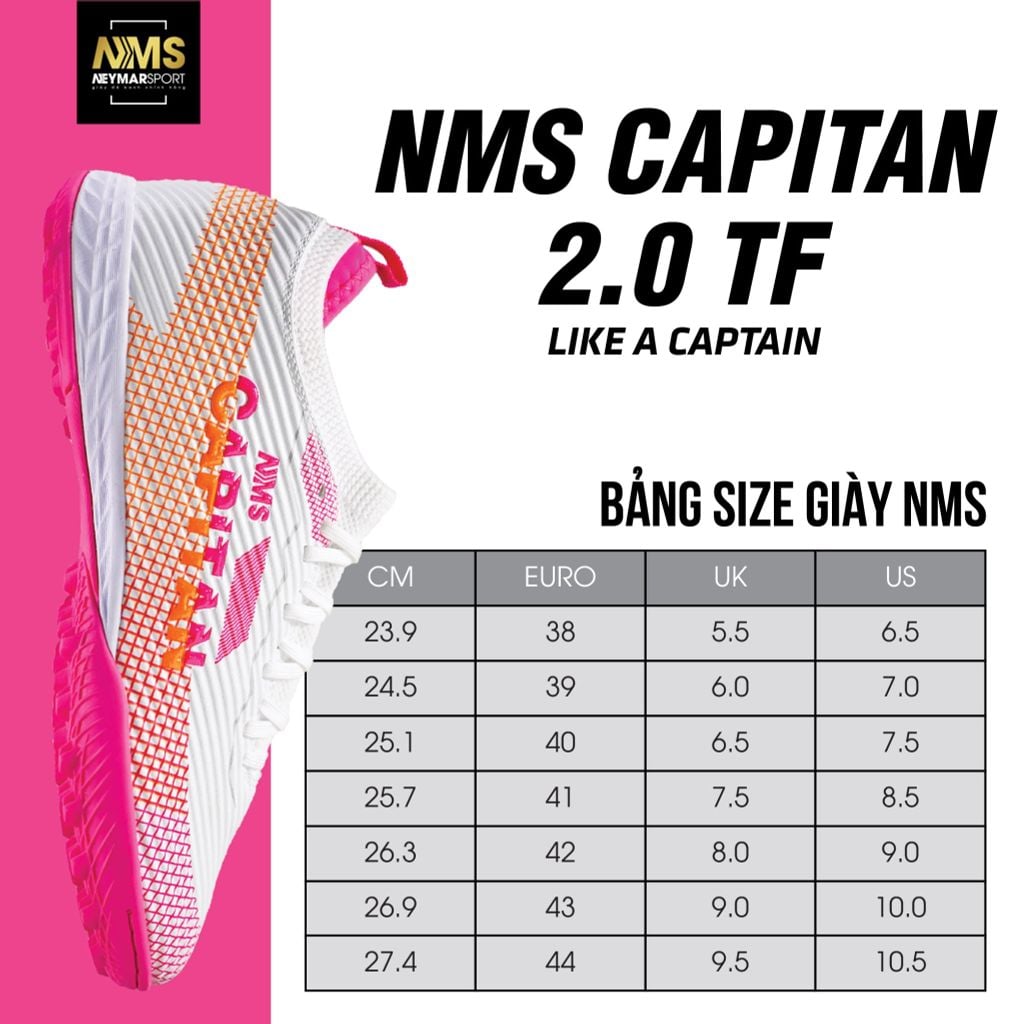 Giày đá bóng cỏ nhân tạo NMS CAPITAN 2.0 TF - White/Orange/Pink CAP2100