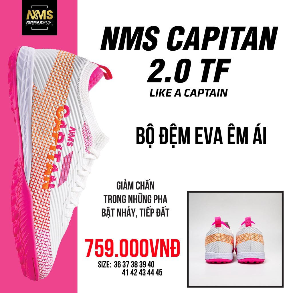 Giày đá bóng cỏ nhân tạo NMS CAPITAN 2.0 TF - White/Orange/Pink CAP2100