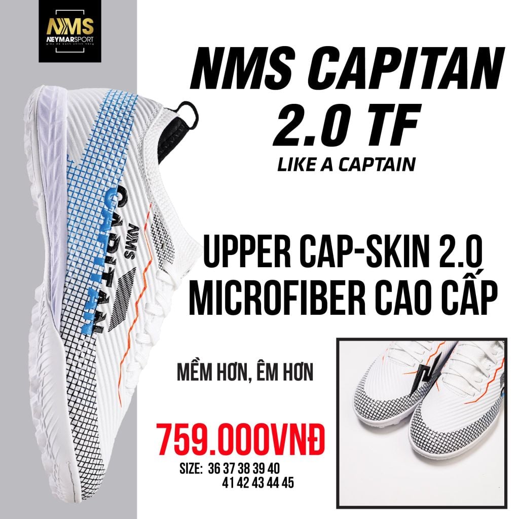 Giày đá bóng cỏ nhân tạo NMS CAPITAN 2.0 TF - White/Black/Blue CAP2500