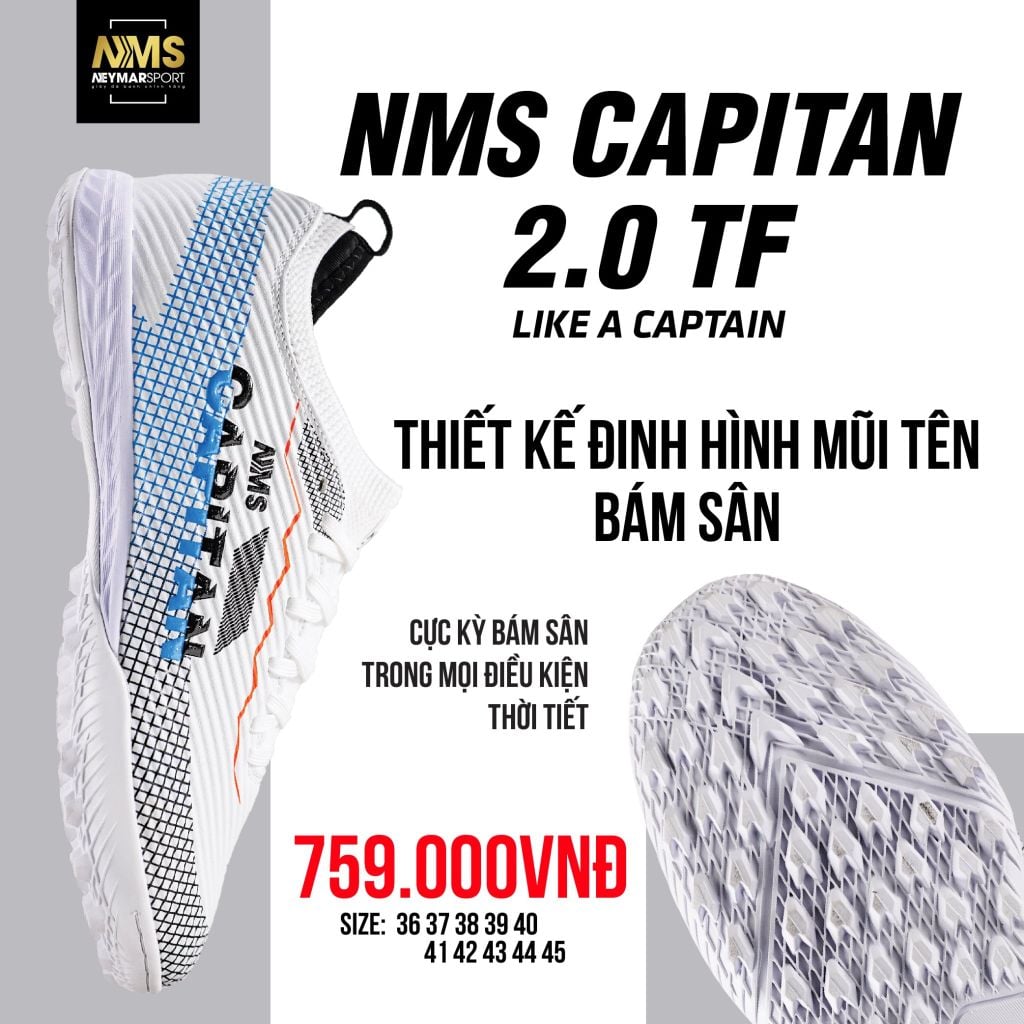Giày đá bóng cỏ nhân tạo NMS CAPITAN 2.0 TF - White/Black/Blue CAP2500