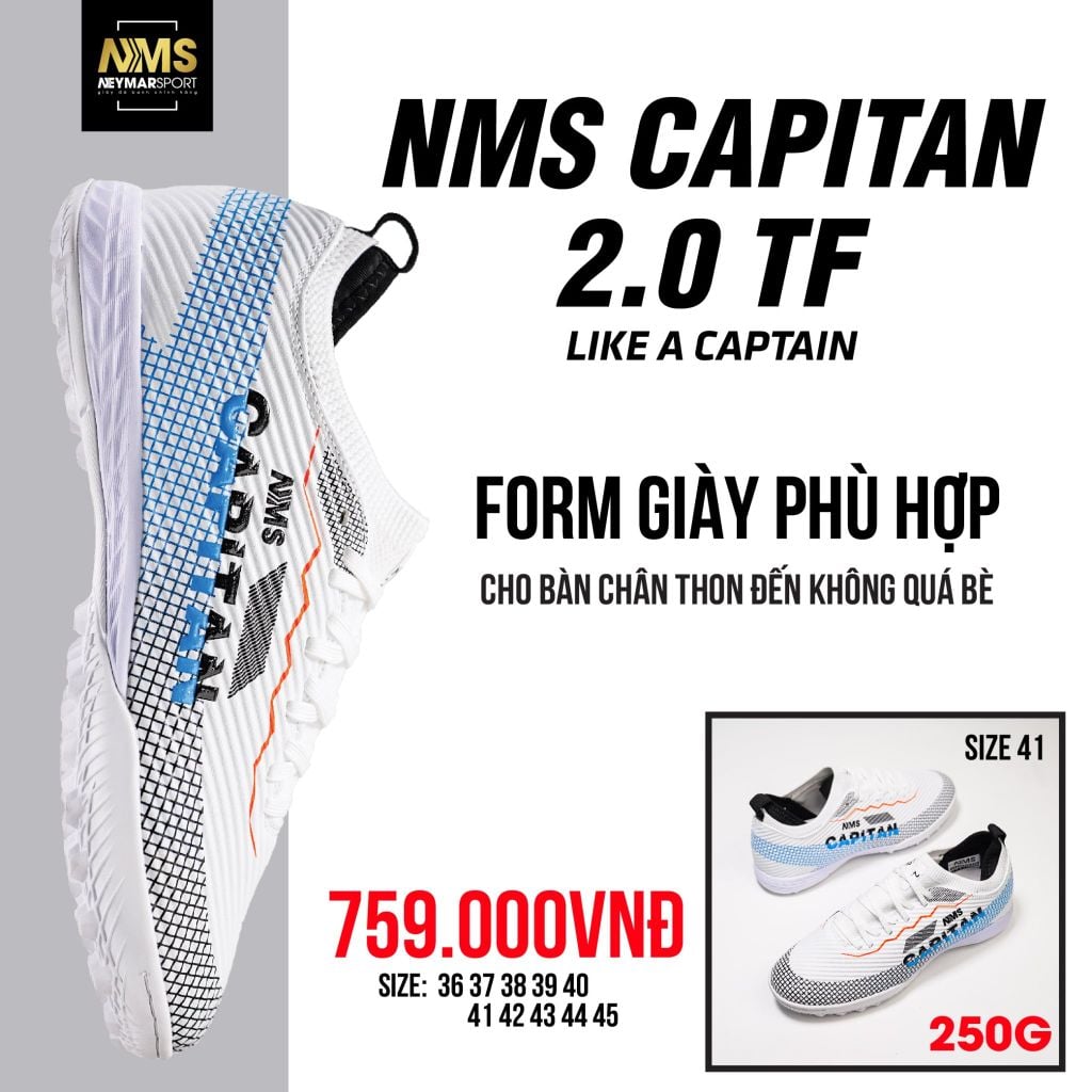 Giày đá bóng cỏ nhân tạo NMS CAPITAN 2.0 TF - White/Black/Blue CAP2500