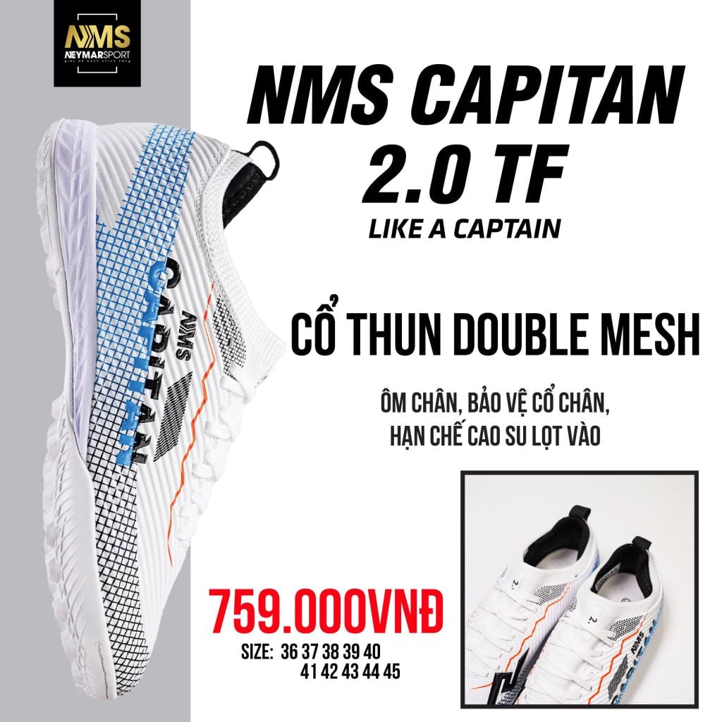 Giày đá bóng cỏ nhân tạo NMS CAPITAN 2.0 TF - White/Black/Blue CAP2500