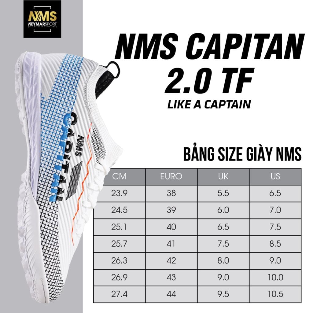 Giày đá bóng cỏ nhân tạo NMS CAPITAN 2.0 TF - White/Black/Blue CAP2500
