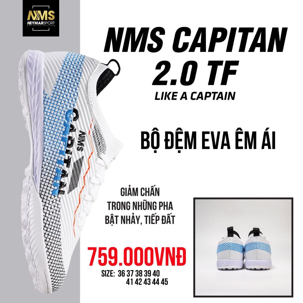 Giày đá bóng cỏ nhân tạo NMS CAPITAN 2.0 TF - White/Black/Blue CAP2500