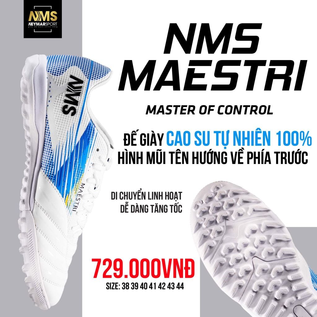 Giày đá bóng cỏ nhân tạo NMS Maestri 1.0 TF - White/Silver/Blue MAE1100
