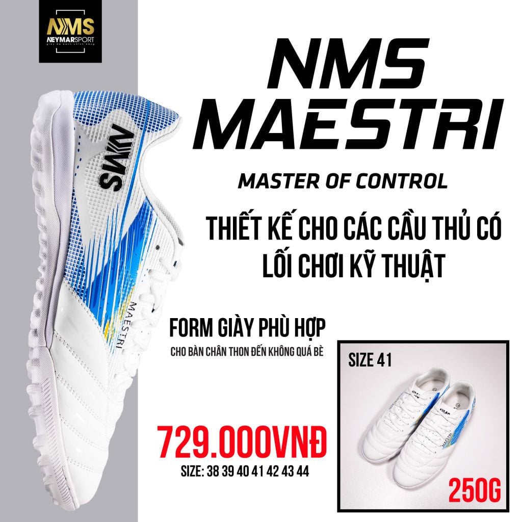 Giày đá bóng cỏ nhân tạo NMS Maestri 1.0 TF - White/Silver/Blue MAE1100