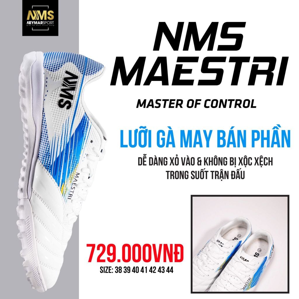 Giày đá bóng cỏ nhân tạo NMS Maestri 1.0 TF - White/Silver/Blue MAE1100