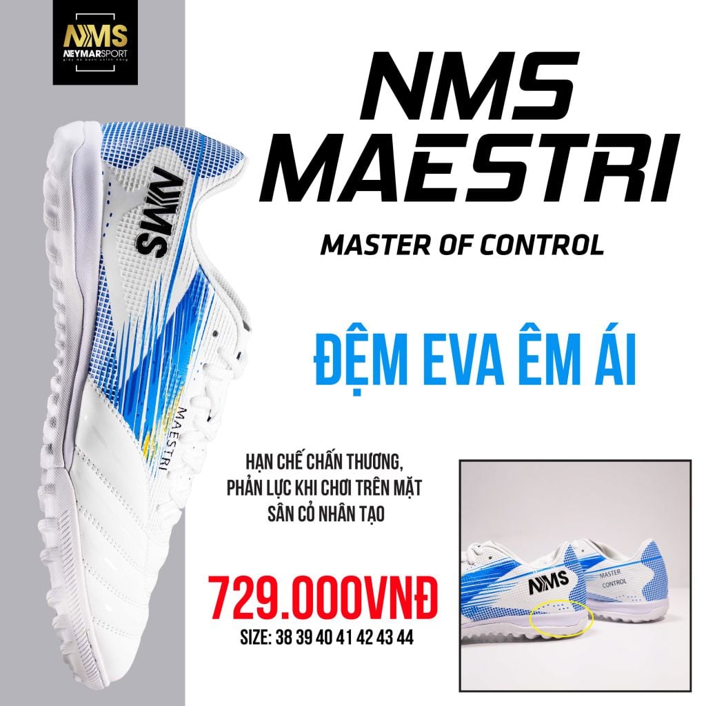 Giày đá bóng cỏ nhân tạo NMS Maestri 1.0 TF - White/Silver/Blue MAE1100