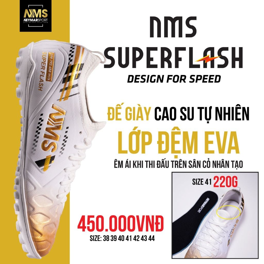 Giày đá bóng cỏ nhân tạo NMS SUPER FLASH TF - White/Gold