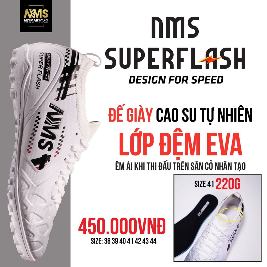 Giày đá bóng cỏ nhân tạo NMS SUPER FLASH TF - White/Black/Silver