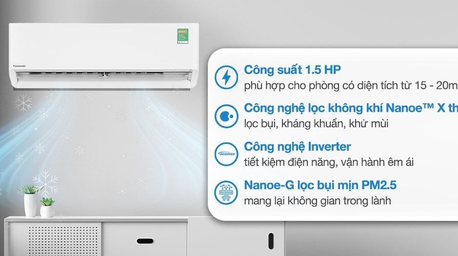 Điều hòa Panasonic Inverter CS-XU12BKH-8 (1.5HP / 11.900BTU / nanoe X / Wi-Fi) - Hàng Chính Hãng