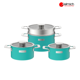 Bộ nồi Inox liền khối Elmich Hera EL-8132 size 16,20,22cm, xửng hấp 22cm, vung phẳng, màu xanh ngọc