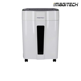 Máy hủy tài liệu Magitech DM-120M, Hủy vụn 8 tờ (70g),2.2m/min,2 x 10 (mm)230 mm (A4), 20L, CD/ Kim Bấm/ Thẻ Từ: 2x10mm, 2Y(Điện).