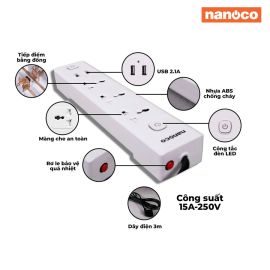 Ổ Cắm có dây Nanoco NES332U-3, 3 ổ đa năng, 2USB, 2 công tắc
