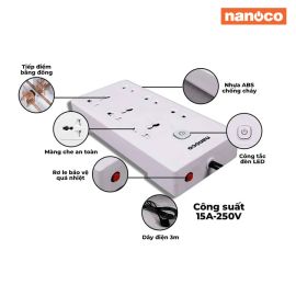 Ổ Cắm có dây Nanoco NES3332-3, 3 ổ cắm đa năng + 3 ổ cắm 2 chấu + 1 công tắc