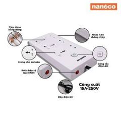 Ổ Cắm có dây Nanoco NES3332-3, 3 ổ cắm đa năng + 3 ổ cắm 2 chấu + 1 công tắc