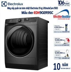 Máy sấy Heatpump Electrolux 9kg UltimateCare EDH902R9SC - màu xám đen - SensiCare bảo vệ sợi vải; 3DSense đo độ ẩm chính xác; DelicateCare bảo vệ trang phục cao cấp; ColourCare bảo vệ màu sắc; sấy diệt khuẩn Hygiene; Thailand