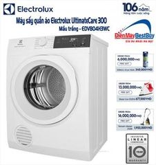 Máy sấy thông hơi Electrolux 8kg EDV804H3WC (Sấy đảo chiều chống nhăn, Chương trình diệt khuẩn chuyên sâu, Cảm biến sấy bảo vệ áo quần, Giữ trang phục bền màu lâu hơn, Sấy nhanh cho lượng đồ ít, Lồng sấy cỡ lớn tiện lợi. Màu trắng)